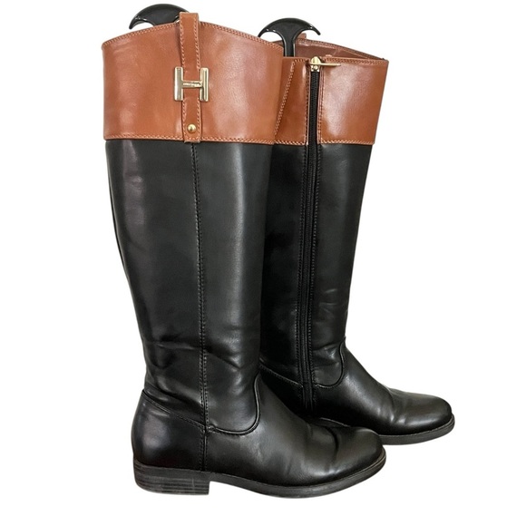 Tommy Hilfiger Shyenne Size 6 Black Tan Color Block Faux Leather Riding Boots - Picture 2 of 11